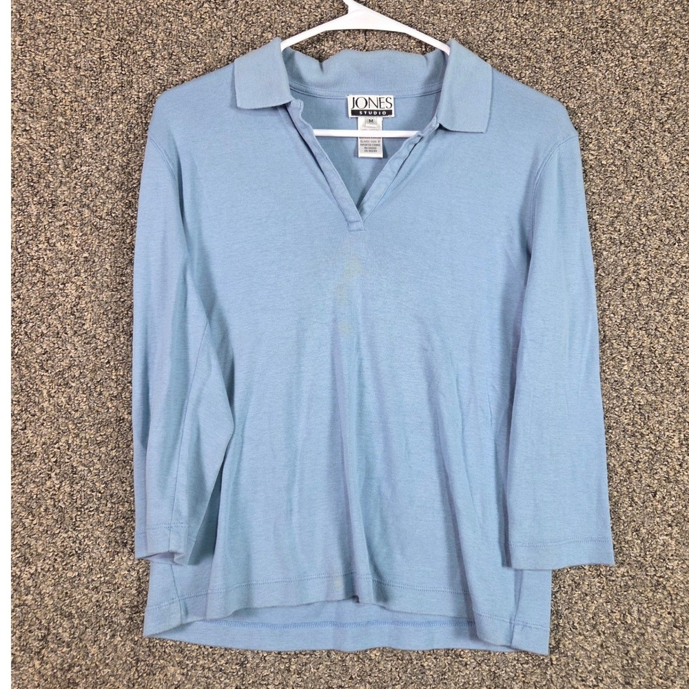 Jones Studio Polo Top Womens Medium Blue 100% Cotton V-Neck 3/4 Sleeve 00645